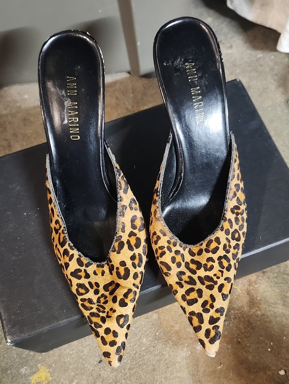 Ann Marino Leopard-Print Pointed-Toe Mules in Tan and Black